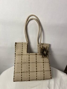 Woven Cream Tote with Floral Accent
